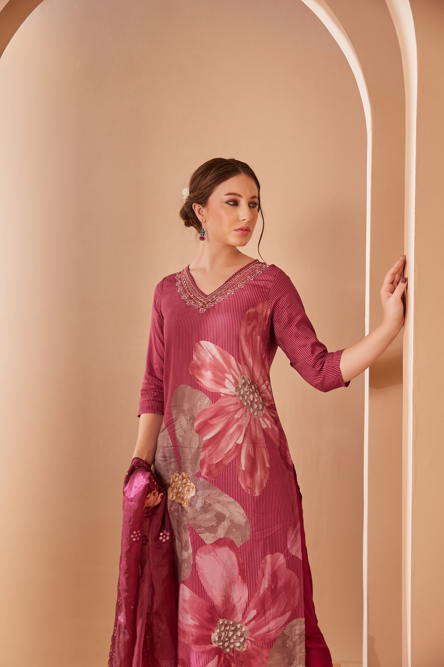 Muslin Organza Dupatta With Digital Printed Wine Suit - Set Of 3