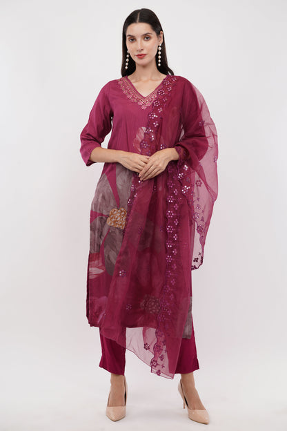 Muslin Organza Dupatta With Digital Printed Wine Suit - Set Of 3
