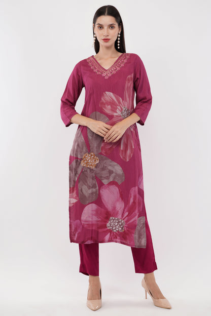 Muslin Organza Dupatta With Digital Printed Wine Suit - Set Of 3