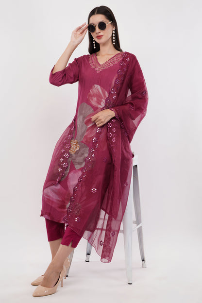 Muslin Organza Dupatta With Digital Printed Wine Suit - Set Of 3