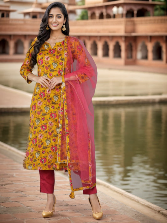 Yellow colour Rayon blend Straight suit set with Dupatta
