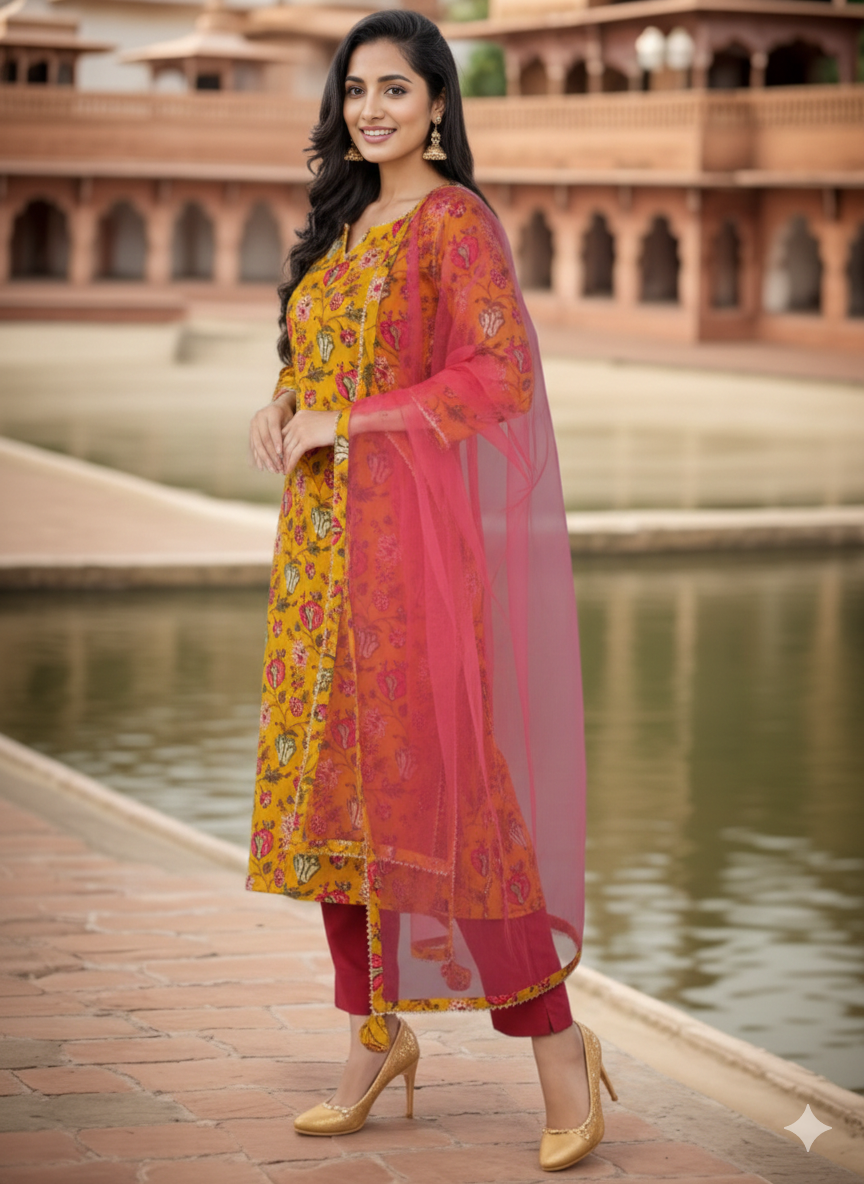 Yellow colour Rayon blend Straight suit set with Dupatta