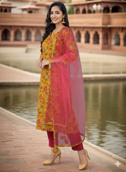 Yellow colour Rayon blend Straight suit set with Dupatta