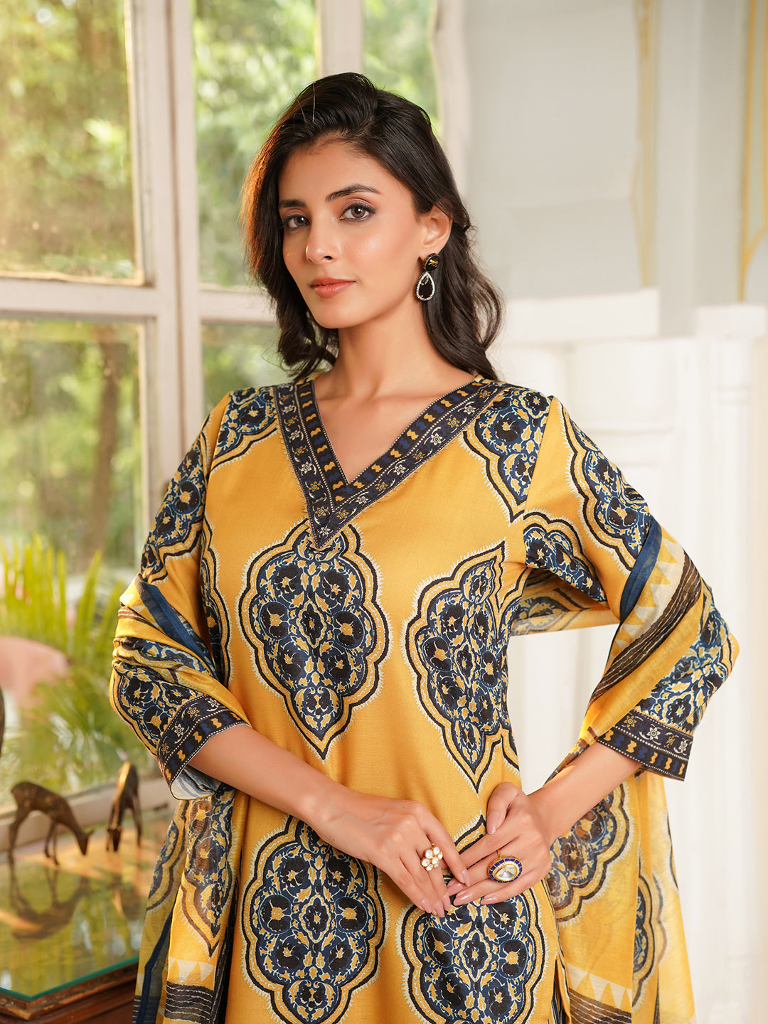 Yellow Rayon Blend Ethnic Motifs Printed Straight Kurta Trousers With Dupatta