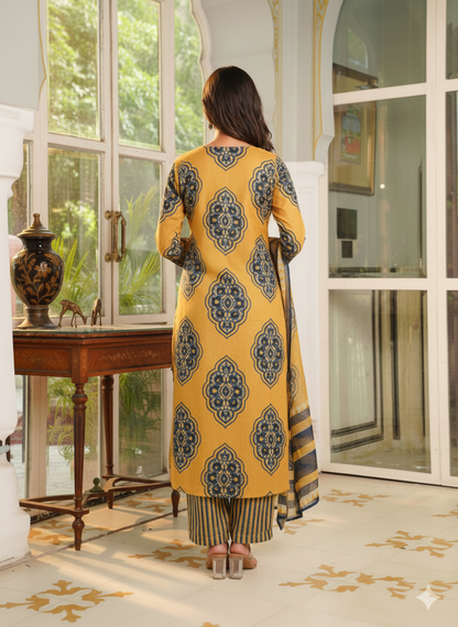 Yellow Rayon Blend Ethnic Motifs Printed Straight Kurta Trousers With Dupatta
