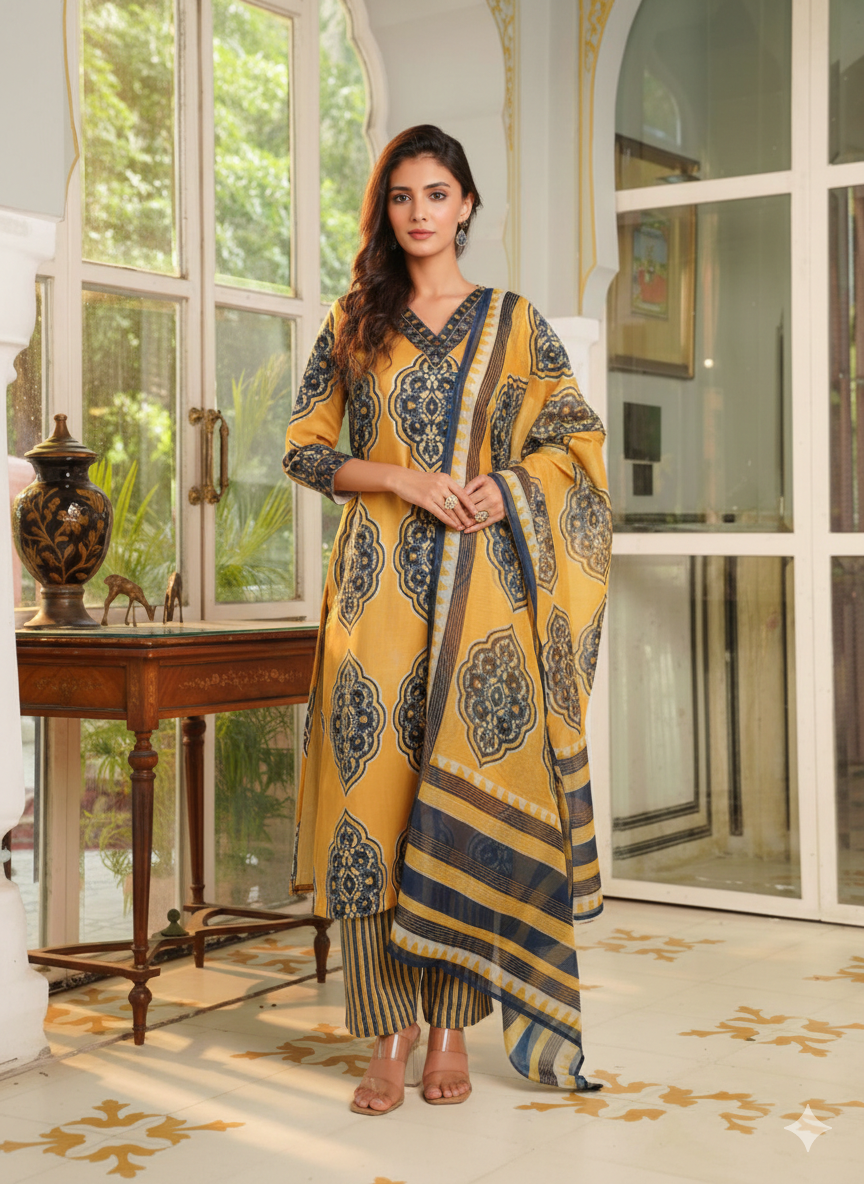 Yellow Rayon Blend Ethnic Motifs Printed Straight Kurta Trousers With Dupatta
