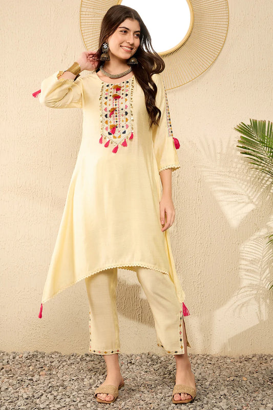 Light Yellow Embroidered Viscose Rayon Straight Trouser Bottom Kurta Set 