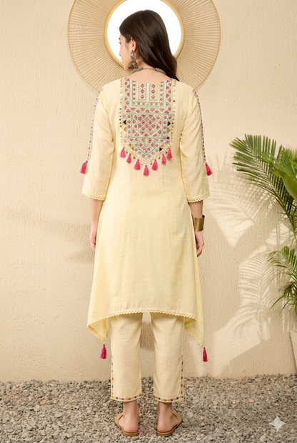 Light Yellow Embroidered Viscose Rayon Straight Trouser Bottom Kurta Set 