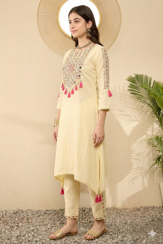 Light Yellow Embroidered Viscose Rayon Straight Trouser Bottom Kurta Set 