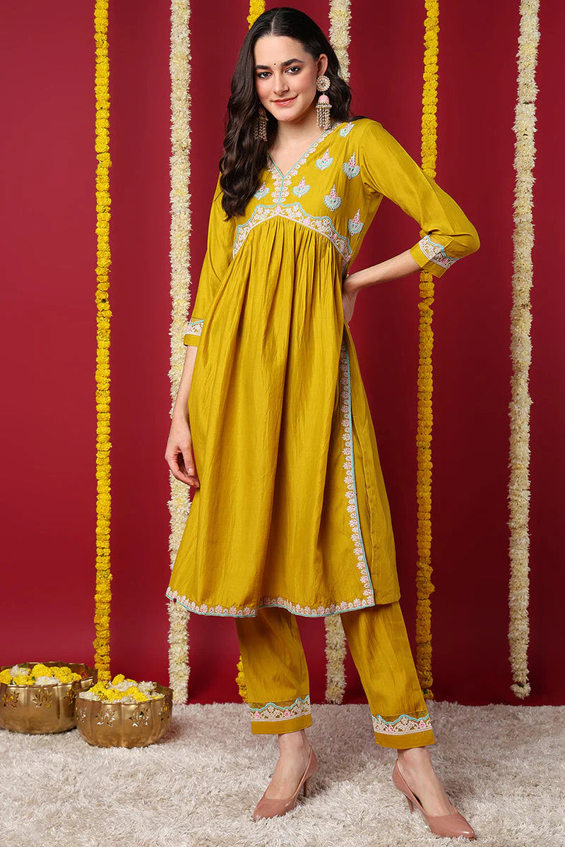 Yellow Silk Blend Solid Embroidered Flared Kurta Set