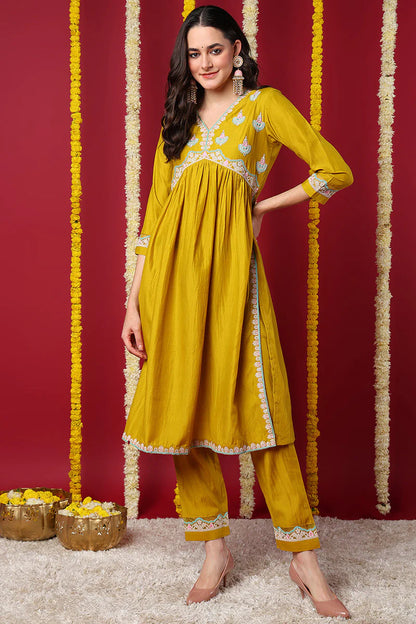 Yellow Silk Blend Solid Embroidered Flared Kurta Set