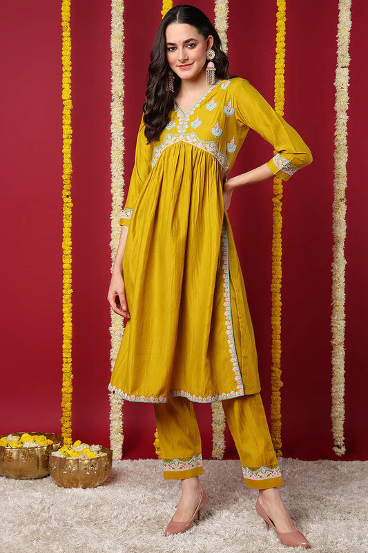 Yellow Silk Blend Solid Embroidered Flared Kurta Set