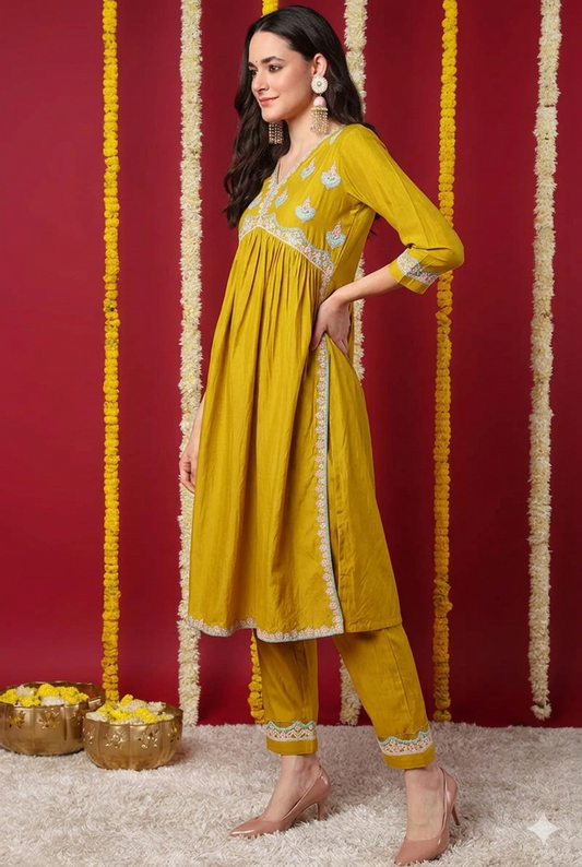 Yellow Silk Blend Solid Embroidered Flared Kurta Set
