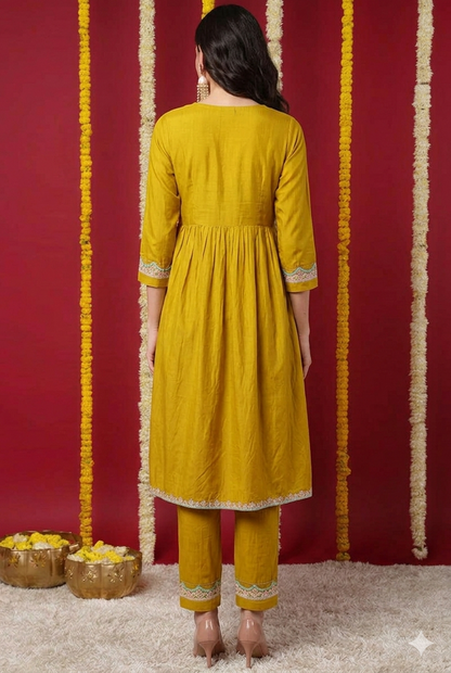 Yellow Silk Blend Solid Embroidered Flared Kurta Set