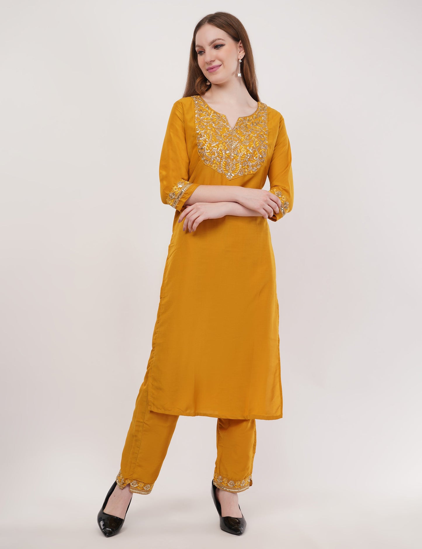 Yellow Embroidered Suit Set With Dupatta - Set Of 3