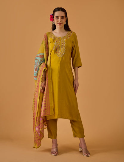 dhartii  Mustard Yellow Aura Embroidered Silk Blend Kurta set