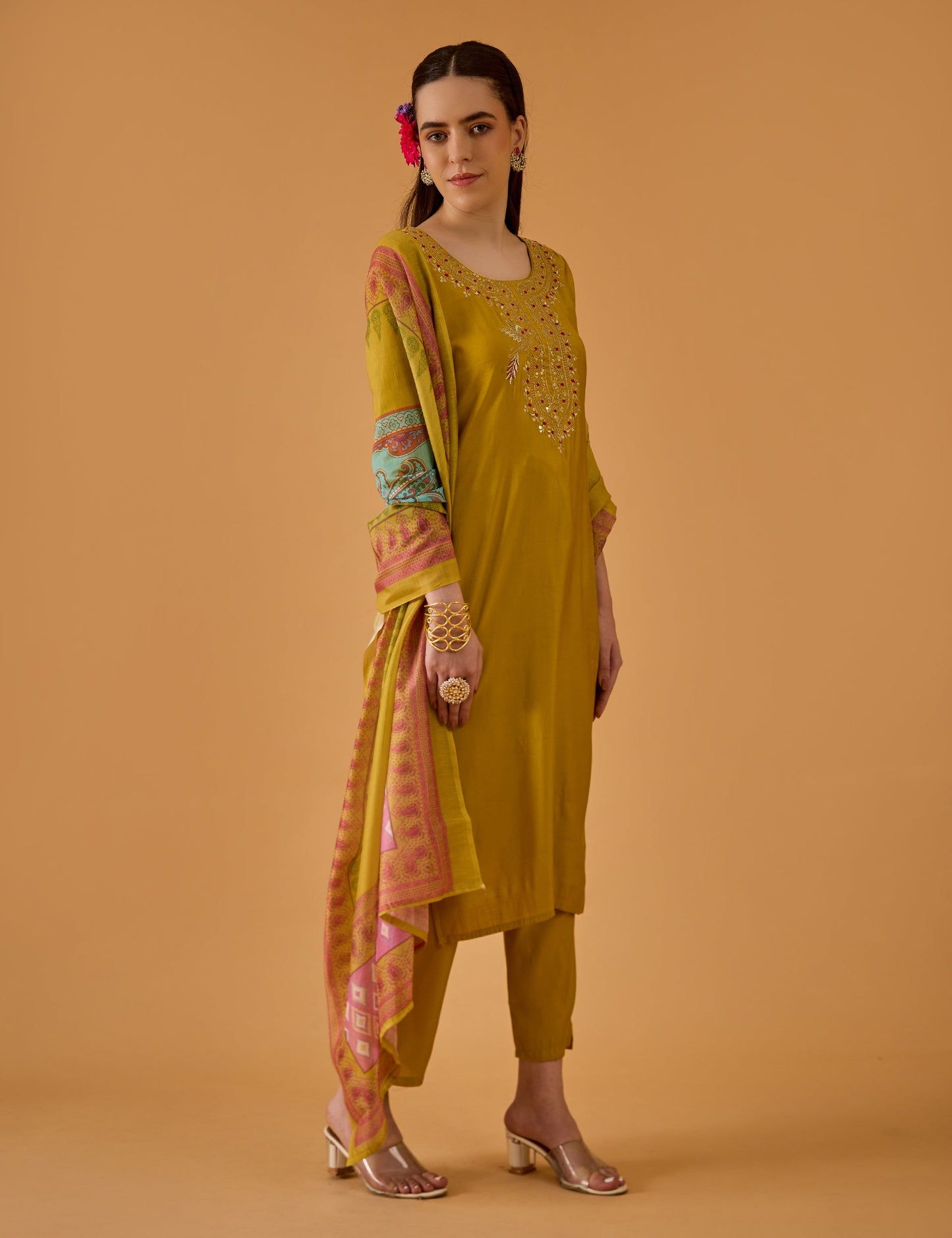 dhartii  Mustard Yellow Aura Embroidered Silk Blend Kurta set