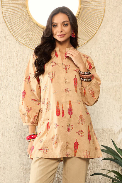 Beige Cotton Blend Floral Printed Regular Top