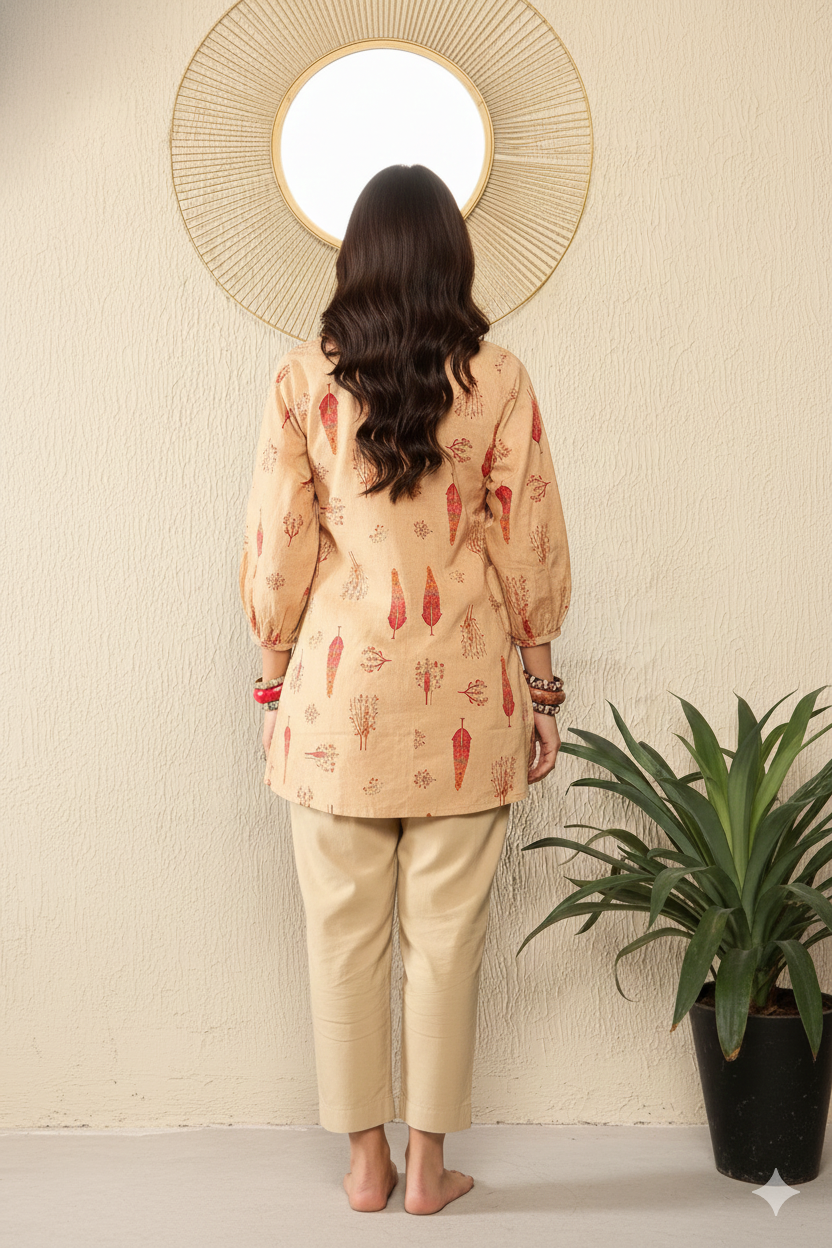Beige Cotton Blend Floral Printed Regular Top