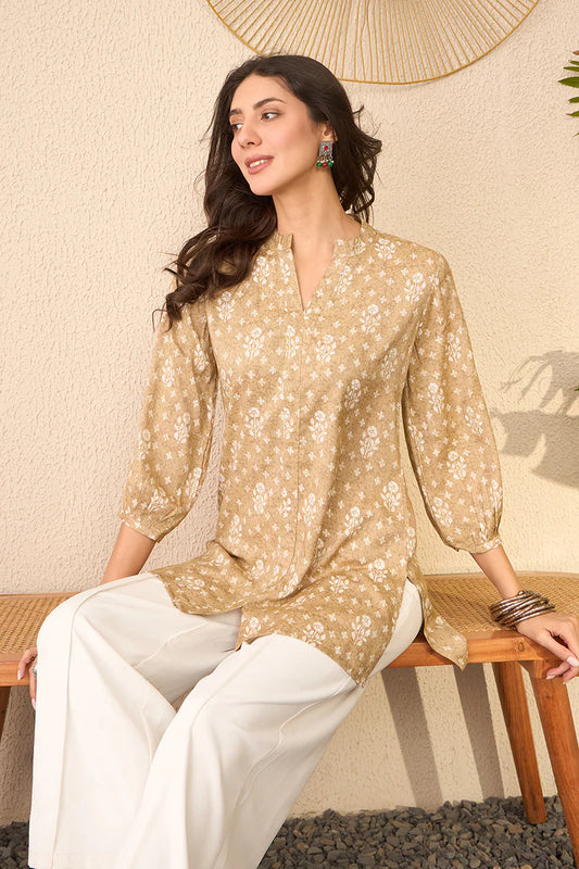 Beige Cotton Blend Floral Printed Regular Top