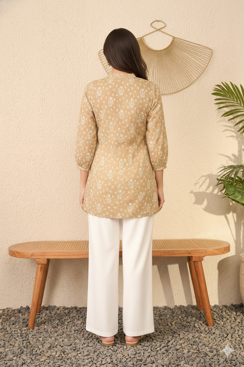 Beige Cotton Blend Floral Printed Regular Top