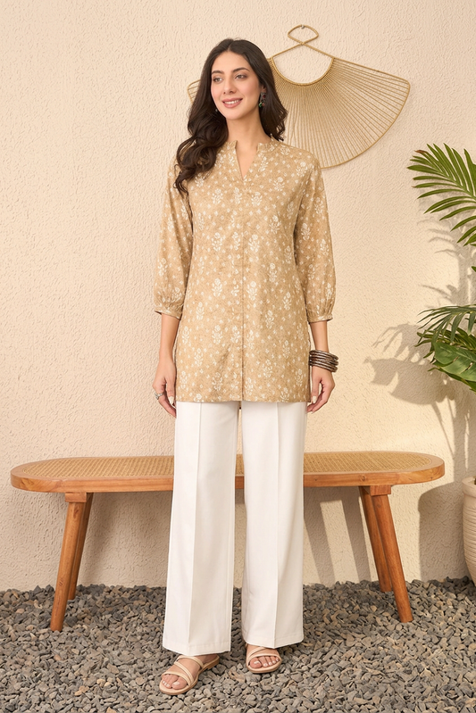 Beige Cotton Blend Floral Printed Regular Top