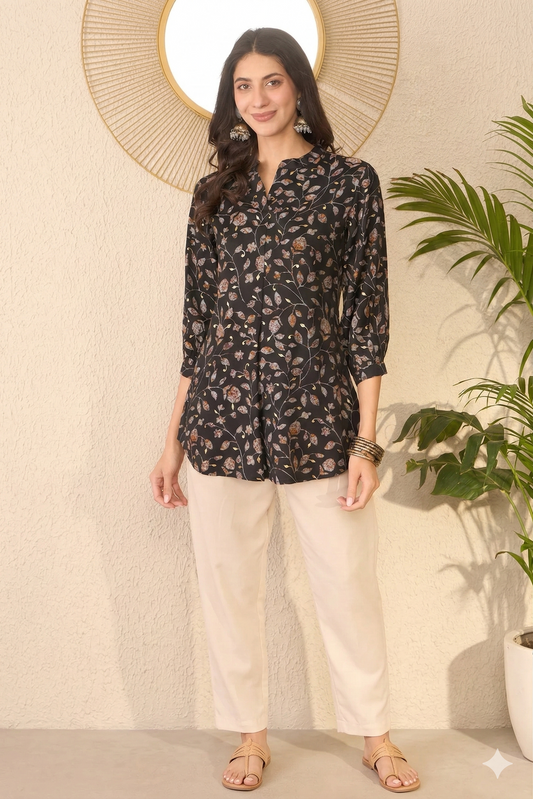 Black Cotton Blend Floral Printed Regular Top