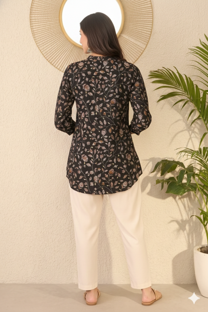 Black Cotton Blend Floral Printed Regular Top