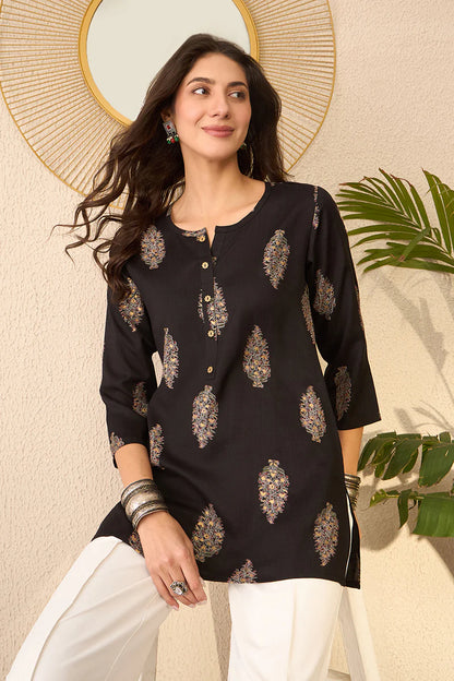 Floral Printed Black Cotton Blend  Regular Top