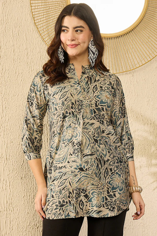 Blue Silk Blend Floral Printed Regular Top