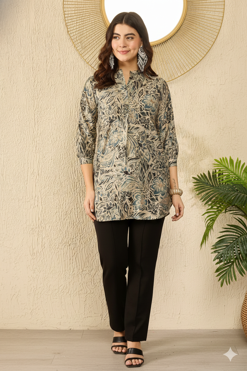 Blue Silk Blend Floral Printed Regular Top