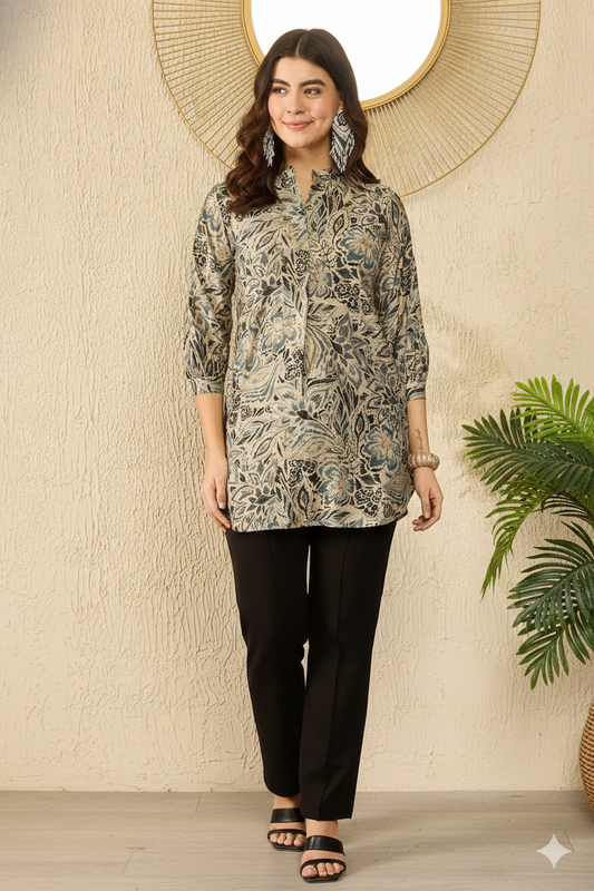 Blue Silk Blend Floral Printed Regular Top