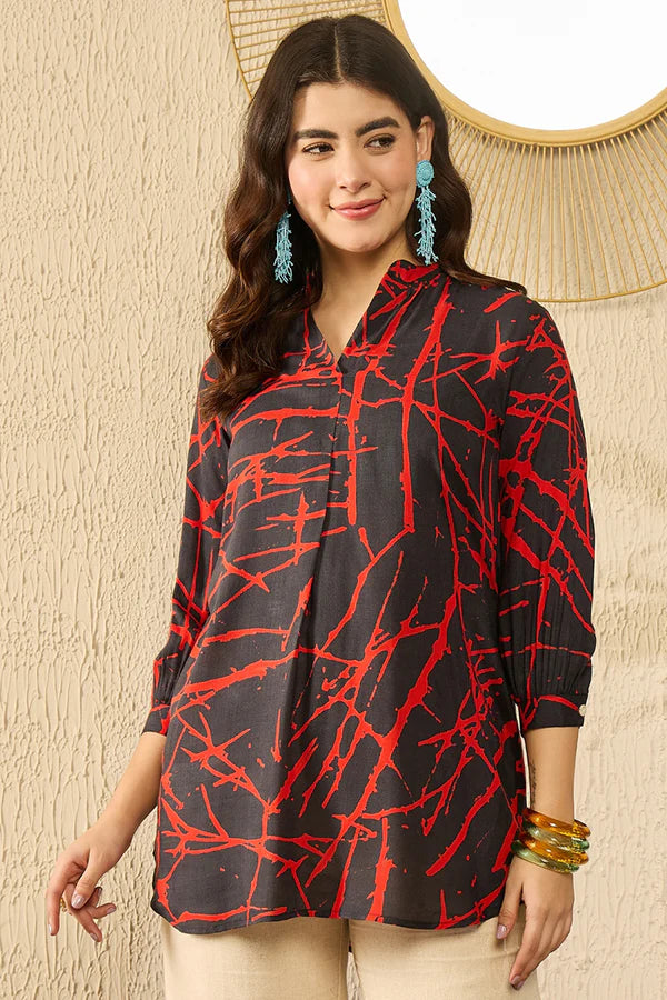 Black Viscose Rayon Abstract Printed Regular Top