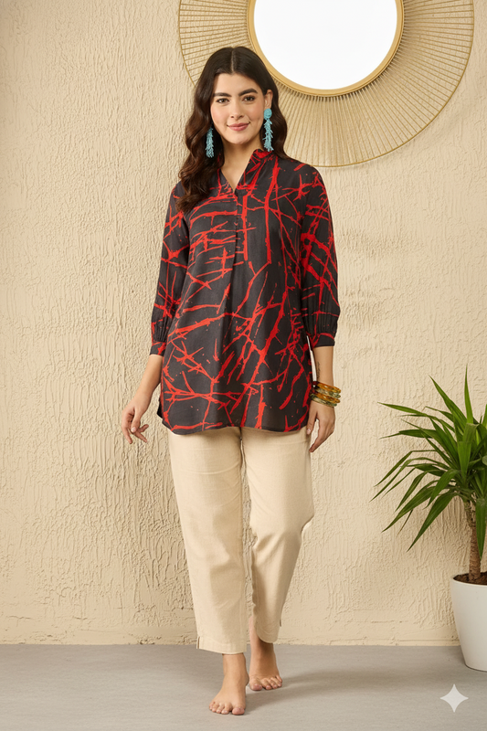 Black Viscose Rayon Abstract Printed Regular Top