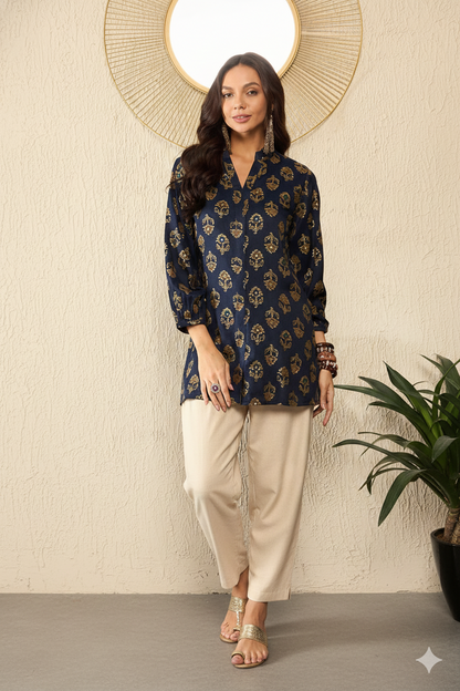 Blue Cotton Blend Floral Printed Regular Top