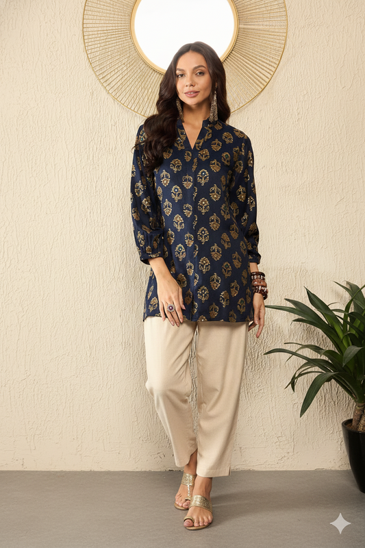 Blue Cotton Blend Floral Printed Regular Top