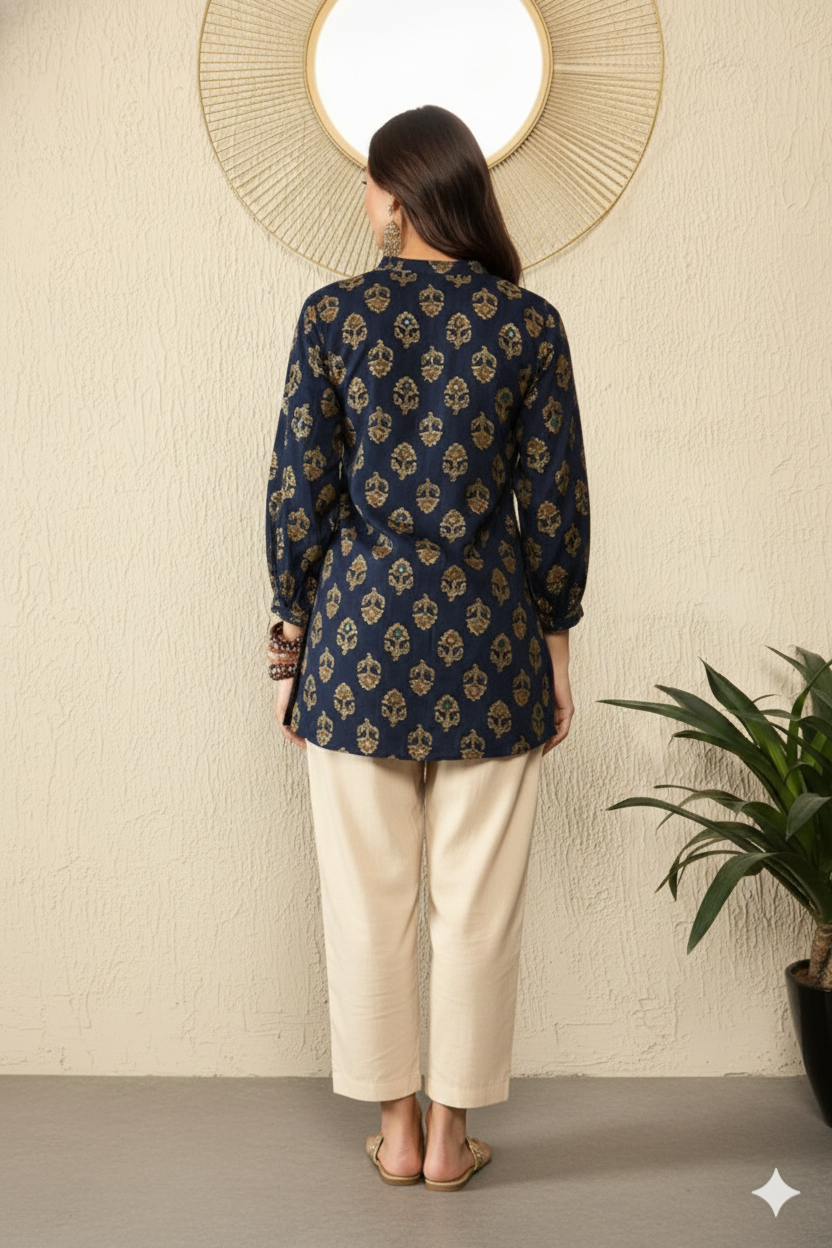Blue Cotton Blend Floral Printed Regular Top