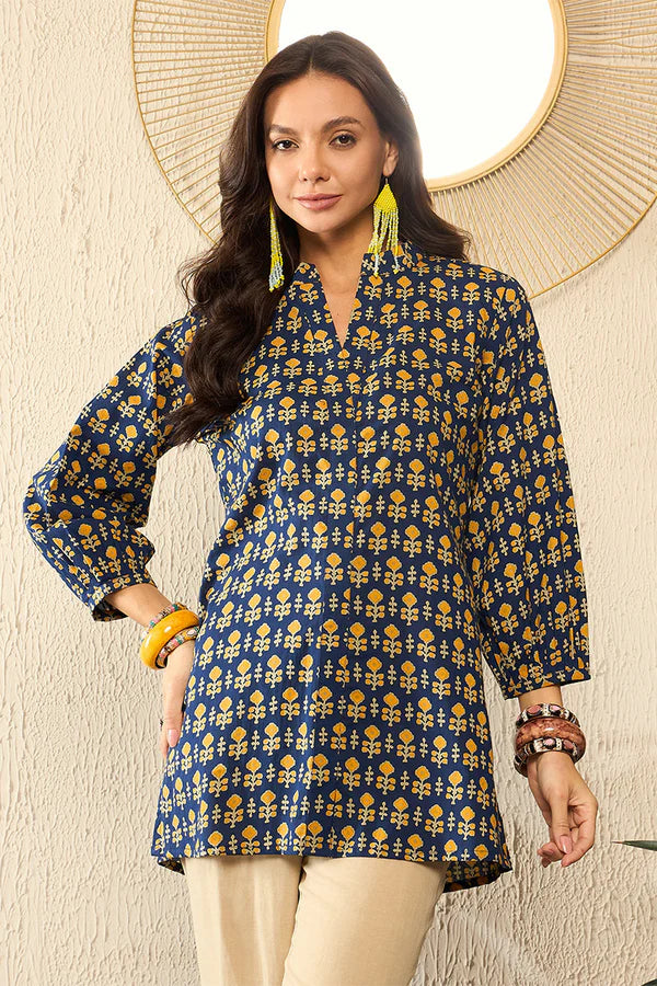 Blue Cotton Blend Ethnic Motifs Printed Regular Top