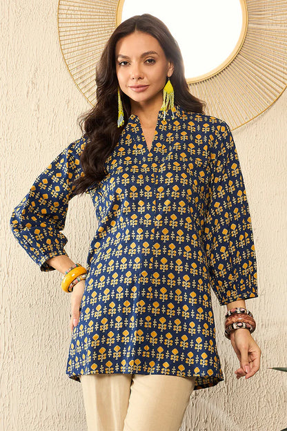 Blue Cotton Blend Ethnic Motifs Printed Regular Top