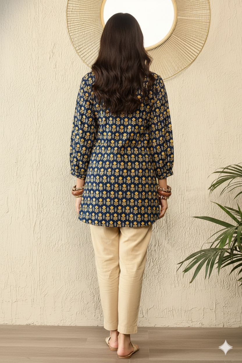Blue Cotton Blend Ethnic Motifs Printed Regular Top