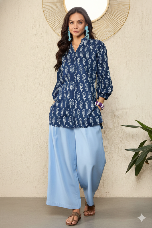 Blue Cotton Blend Floral Printed Regular Top