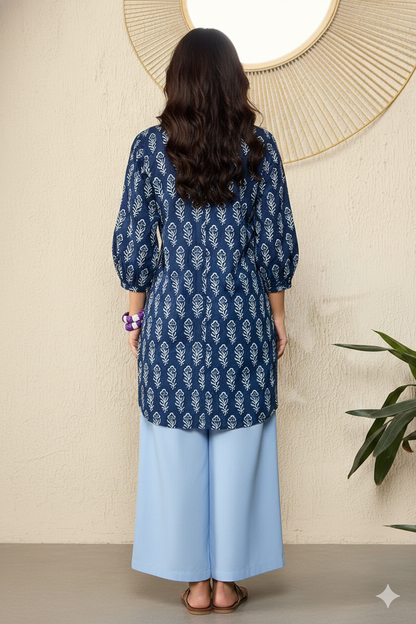 Blue Cotton Blend Floral Printed Regular Top