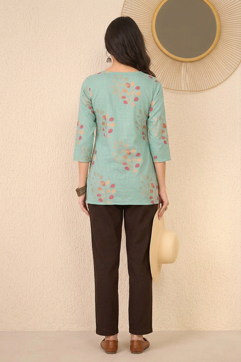 Blue Cotton Blend Floral Printed Regular Top