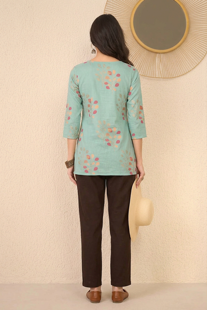 Blue Cotton Blend Floral Printed Regular Top