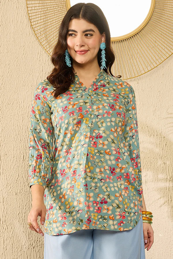 Blue Viscose Rayon Floral Printed Regular Top