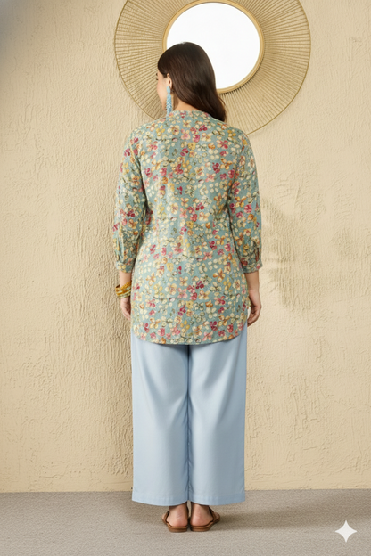 Blue Viscose Rayon Floral Printed Regular Top