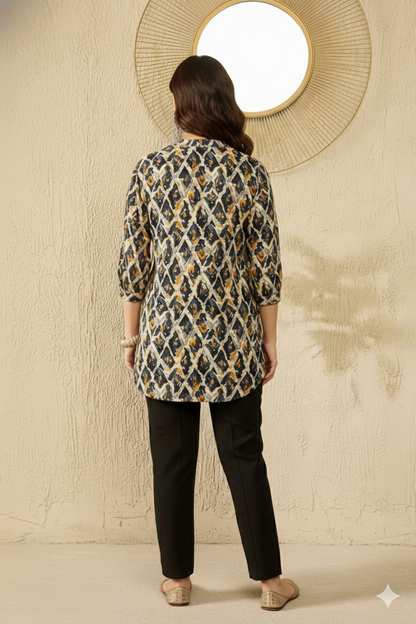 Blue Viscose Rayon Abstract Printed Regular Top 