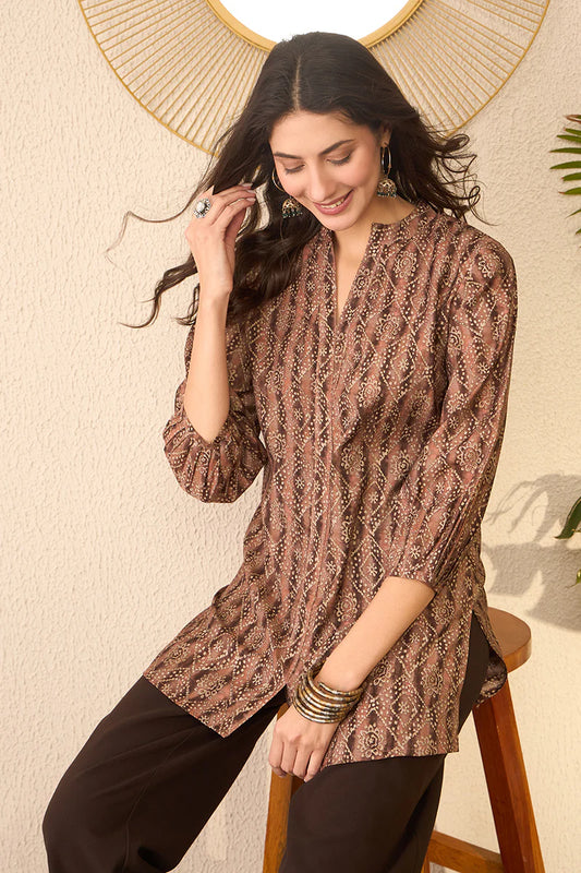 Brown Cotton Blend Ethnic Motifs Printed Regular Top 