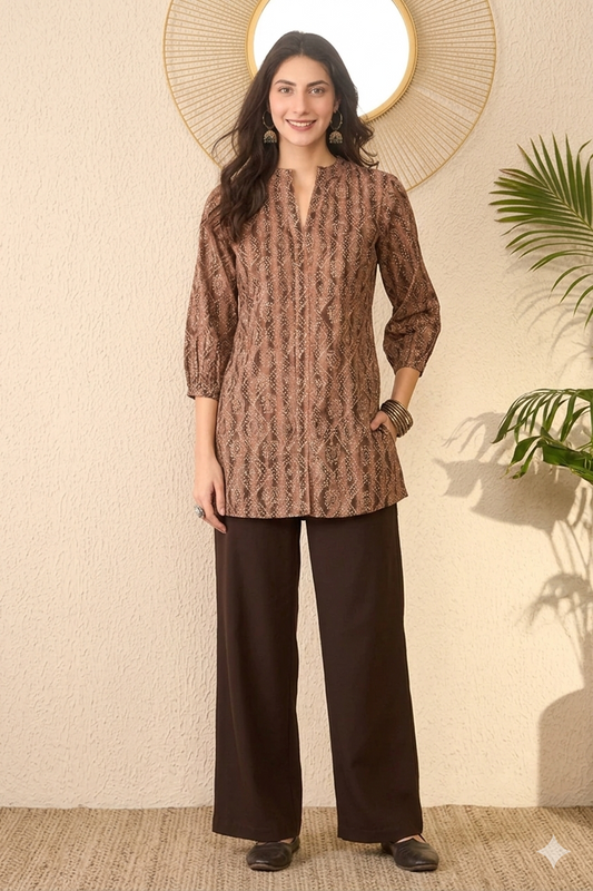Brown Cotton Blend Ethnic Motifs Printed Regular Top 