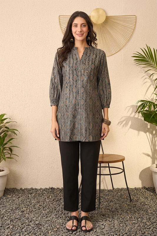 Grey Cotton Blend Ethnic Motifs Printed Regular Top